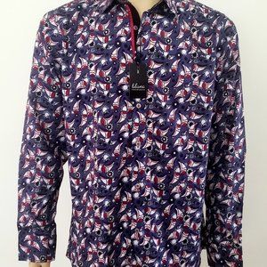 men's purple print shirt L button front silky Blanc NWT